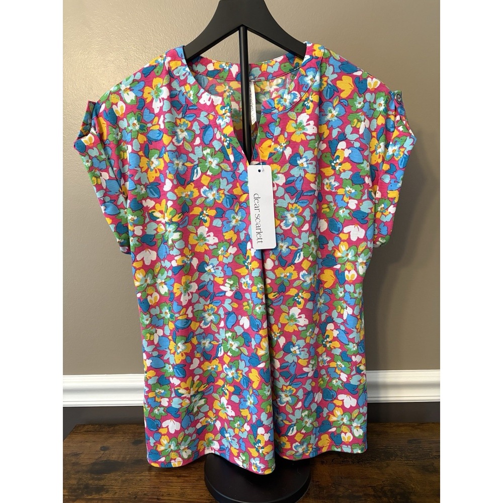 Dear Scarlett Lizzy Blouse Short Sleeve Shirt Top Multicolor Floral Size Small